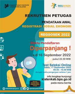 Perpanjangan Rekrutmen Petugas Pendataan Awal Registrasi Sosial Ekonomi (REGSOSEK) 2022