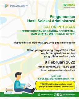 Hasil Seleksi Administrasi Calon Petugas Pemutakhiran Kerangka Geospasial dan Muatan Wilkerstat